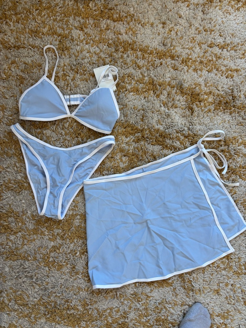 Light Blue Triangle High Leg Bathing suit Set with White Trim